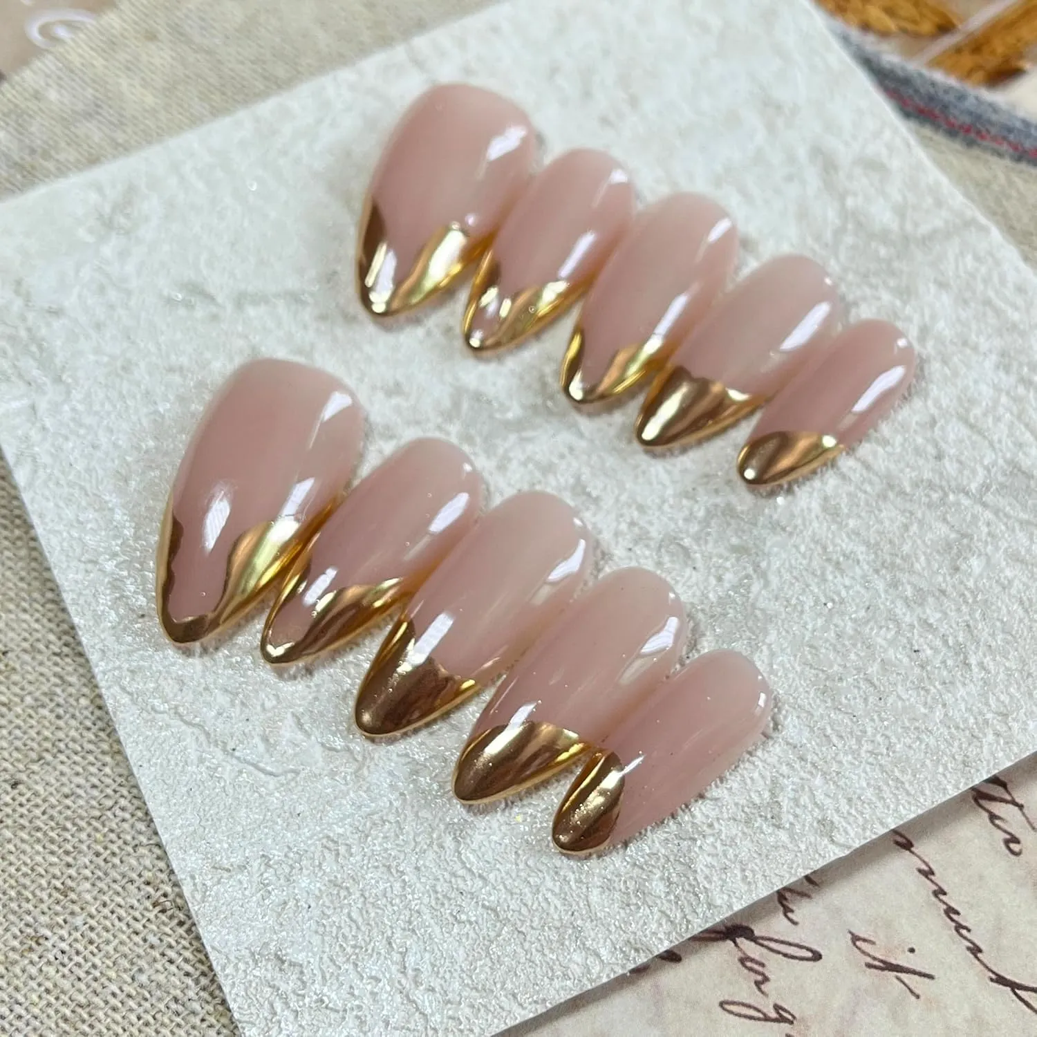 French Tip Handmade Press On Nails Almond- Cat Eye with Gold Tip Design, French Fake Nails, Glossy Glue on Nails for Women Manicure(Small)