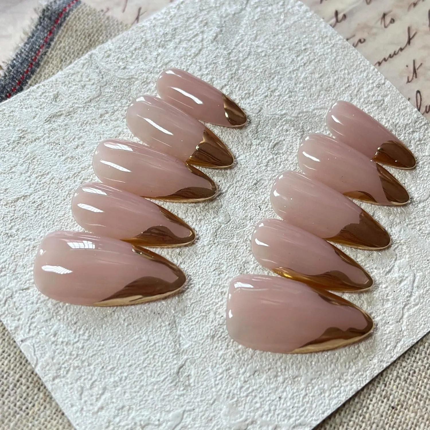 French Tip Handmade Press On Nails Almond- Cat Eye with Gold Tip Design, French Fake Nails, Glossy Glue on Nails for Women Manicure(Small)