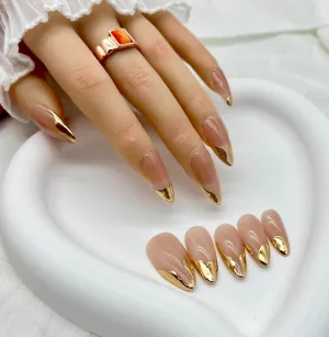French Tip Handmade Press On Nails Almond- Cat Eye with Gold Tip Design, French Fake Nails, Glossy Glue on Nails for Women Manicure(Small)