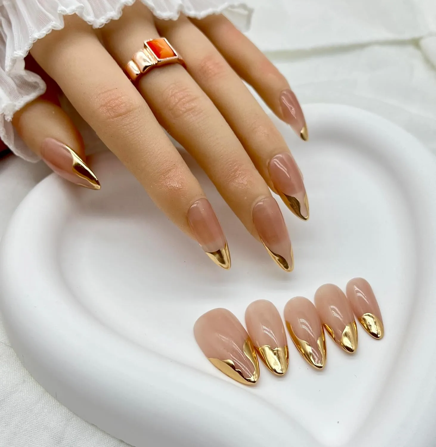 French Tip Handmade Press On Nails Almond- Cat Eye with Gold Tip Design, French Fake Nails, Glossy Glue on Nails for Women Manicure(Small)