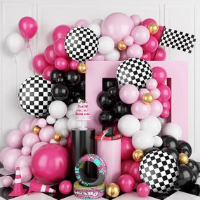FunHot Pink Race Car Balloon Arch Garland Kit, Hot Pink Black Balloons Arch with Black and White Plaid Foil Balloons for Kids Girls Racing Car Theme Birthday Baby Shower Party Decorations