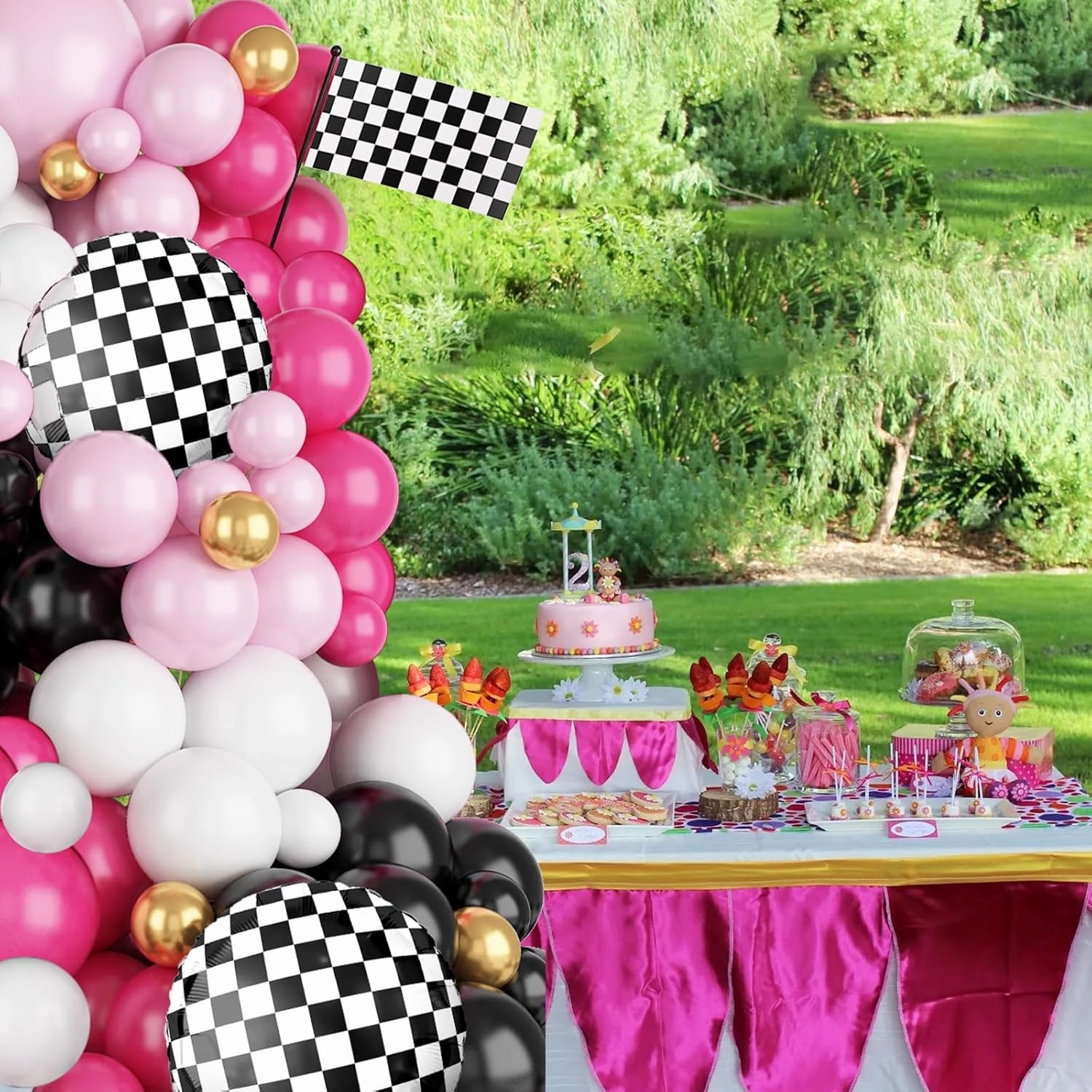 FunHot Pink Race Car Balloon Arch Garland Kit, Hot Pink Black Balloons Arch with Black and White Plaid Foil Balloons for Kids Girls Racing Car Theme Birthday Baby Shower Party Decorations