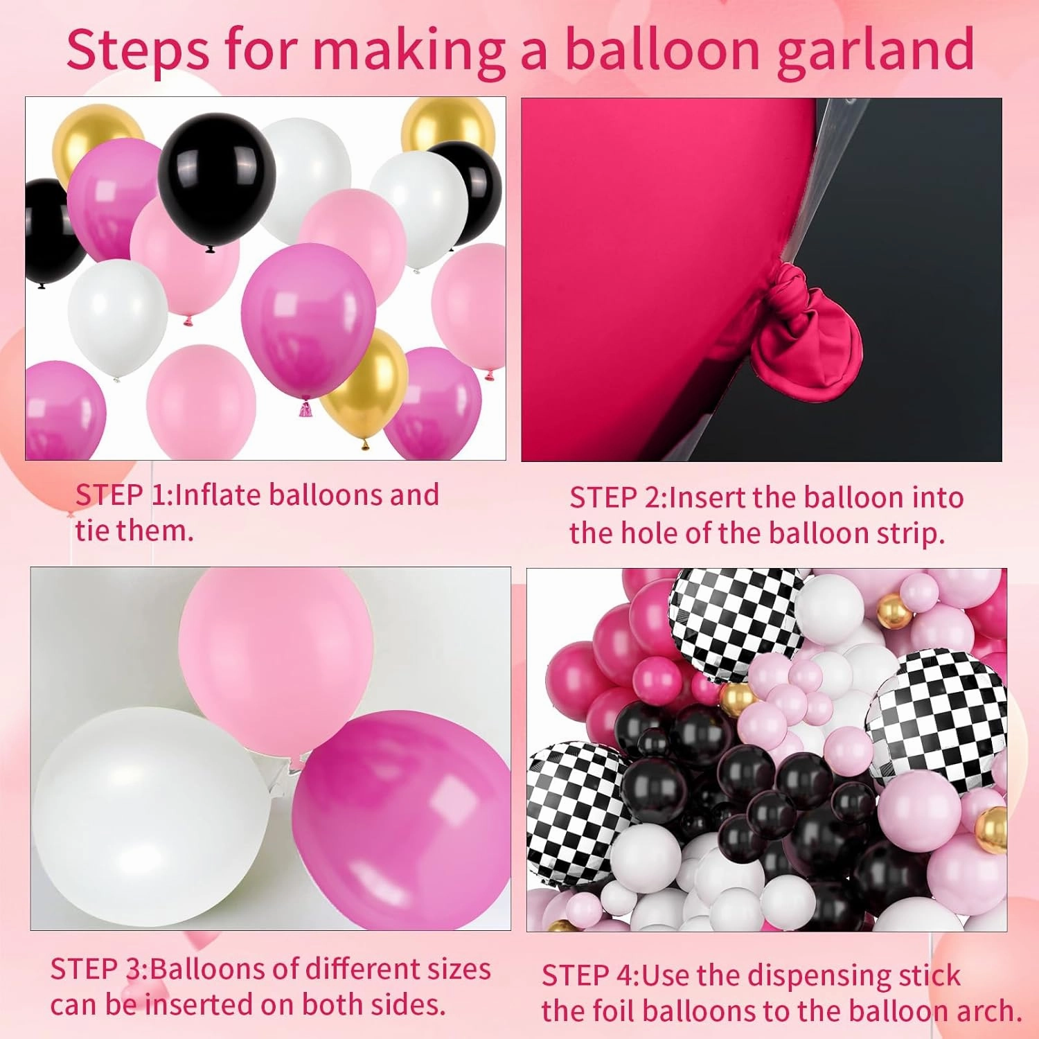 FunHot Pink Race Car Balloon Arch Garland Kit, Hot Pink Black Balloons Arch with Black and White Plaid Foil Balloons for Kids Girls Racing Car Theme Birthday Baby Shower Party Decorations