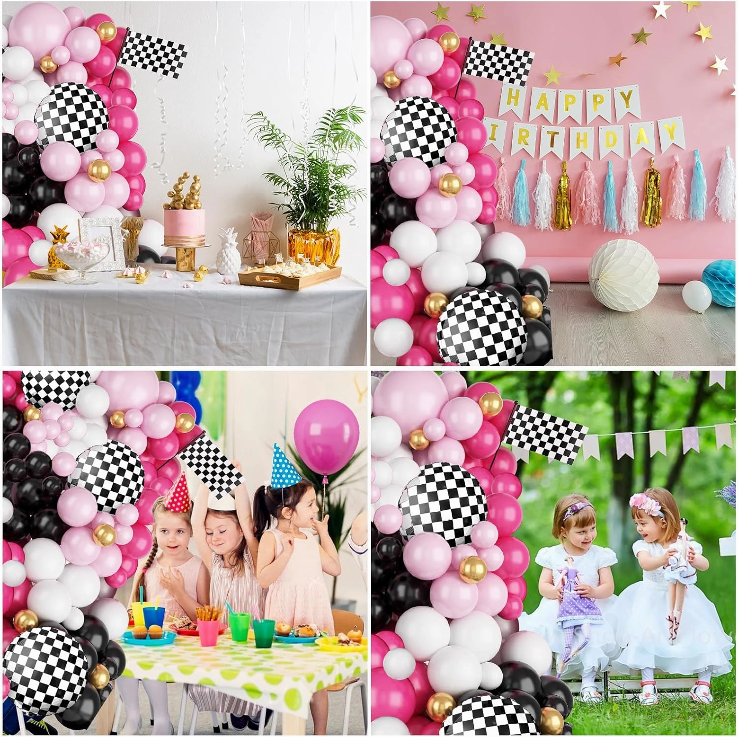 FunHot Pink Race Car Balloon Arch Garland Kit, Hot Pink Black Balloons Arch with Black and White Plaid Foil Balloons for Kids Girls Racing Car Theme Birthday Baby Shower Party Decorations