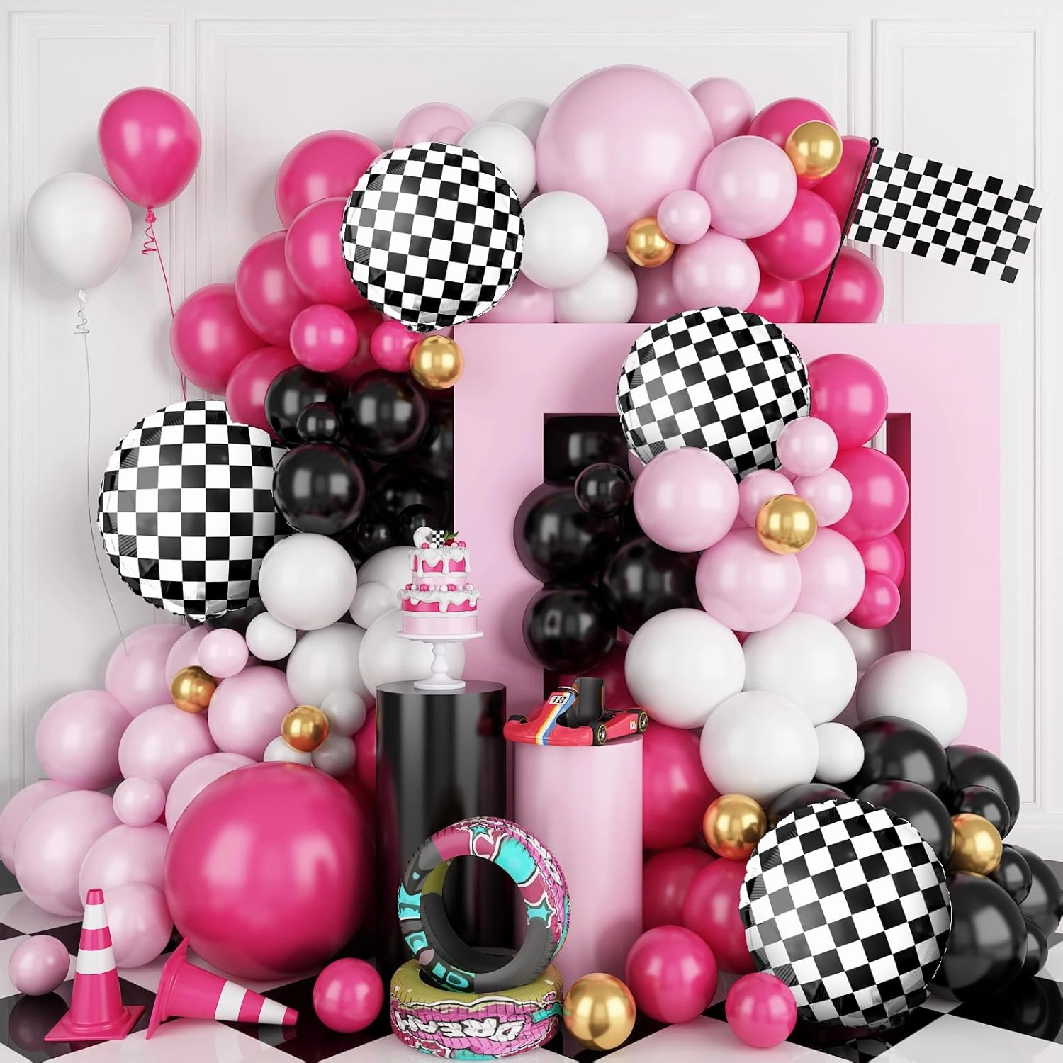 FunHot Pink Race Car Balloon Arch Garland Kit, Hot Pink Black Balloons Arch with Black and White Plaid Foil Balloons for Kids Girls Racing Car Theme Birthday Baby Shower Party Decorations