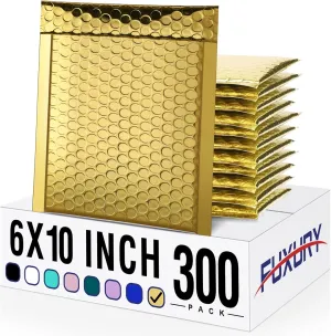 Fuxury Bubble Mailers 6x10" 300 Pack, Strong Adhesion and Thick Metallic Bubble Envelopes,Waterproof Padded Envelopes,Durable Padded Mailers Packing Bag for Jewelry, Makeup Supplies，Bulk #0 Gold