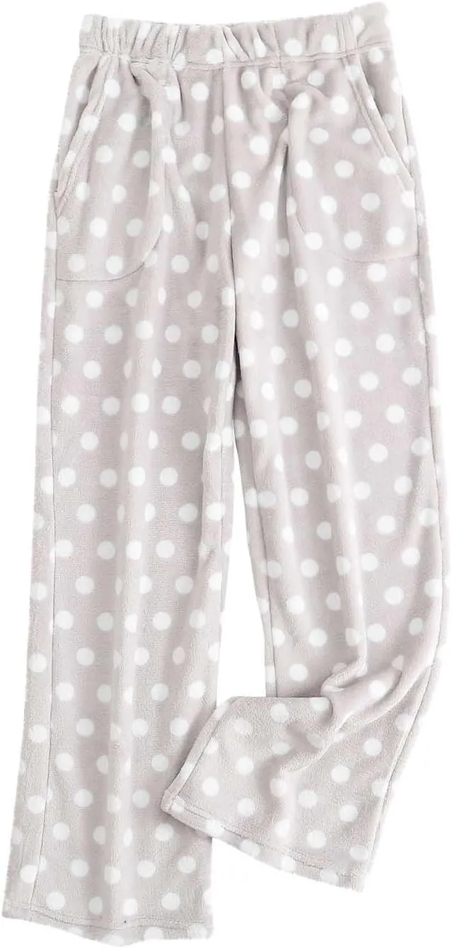 Fuzzy Flannel Pajama Pants for Women Comfy Soft Fluffy Plush Polka Dot Pj Pants High Waisted Wide Leg Lounge Pants
