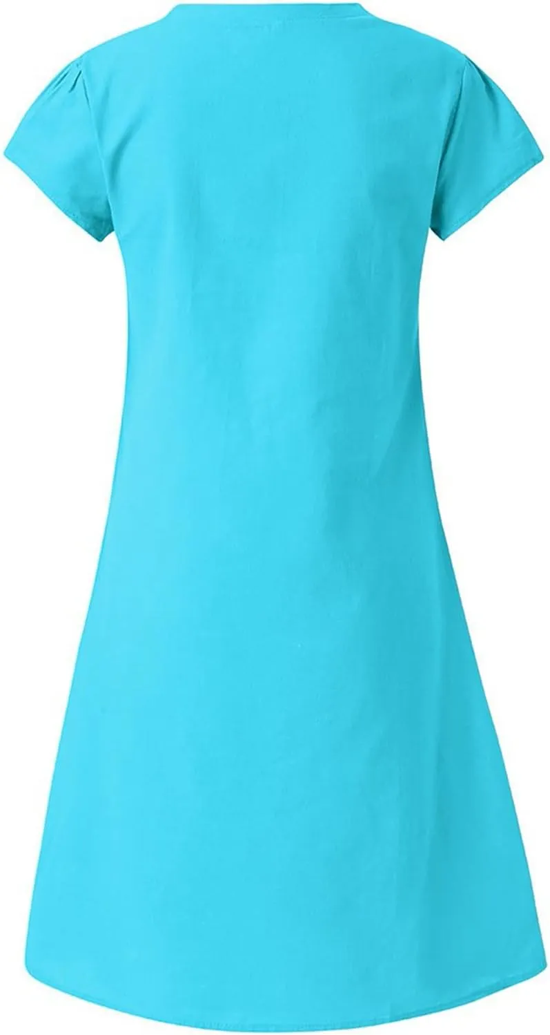 FZYLQY Womens Slim Dresses 2024 Ladies Summer Solid Cotton Linen Dress Short Sleeve V-Neck Dress Plus Size Mid-Calf Dress