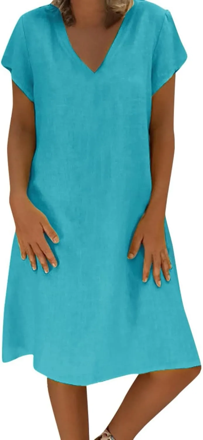 FZYLQY Womens Slim Dresses 2024 Ladies Summer Solid Cotton Linen Dress Short Sleeve V-Neck Dress Plus Size Mid-Calf Dress
