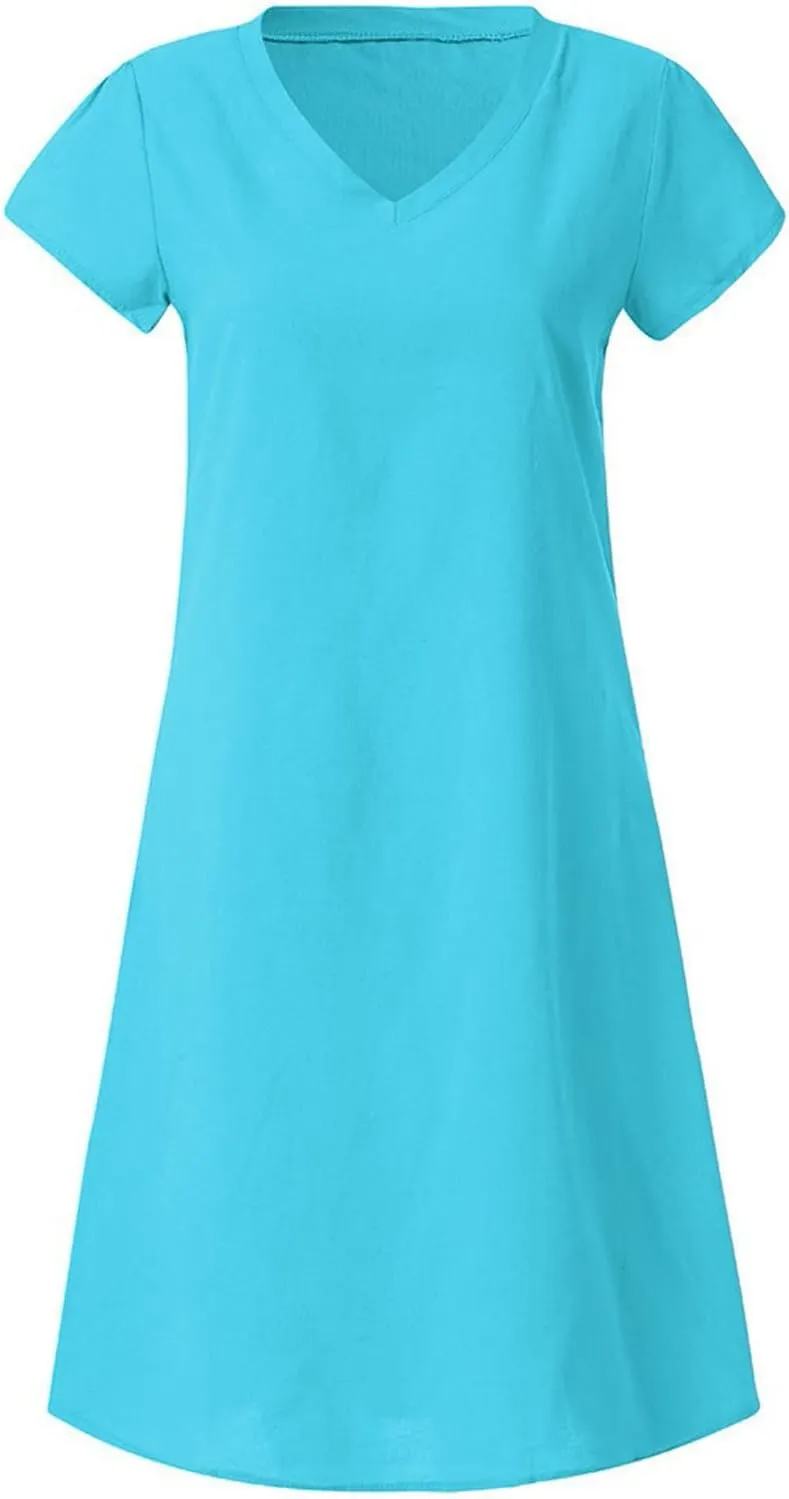 FZYLQY Womens Slim Dresses 2024 Ladies Summer Solid Cotton Linen Dress Short Sleeve V-Neck Dress Plus Size Mid-Calf Dress