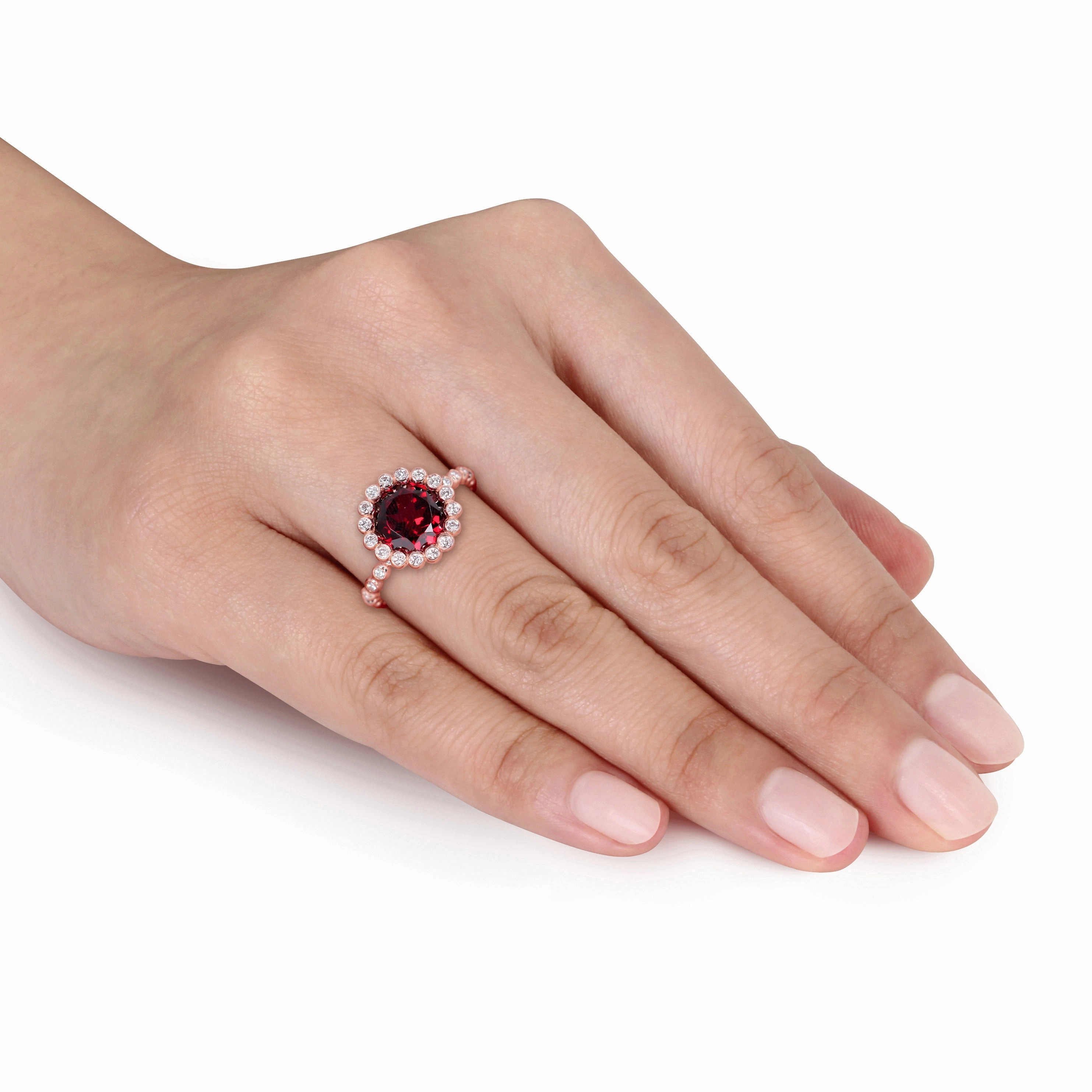 Garnet & Diamond Halo Scalloped Ring in 14k Rose Gold
