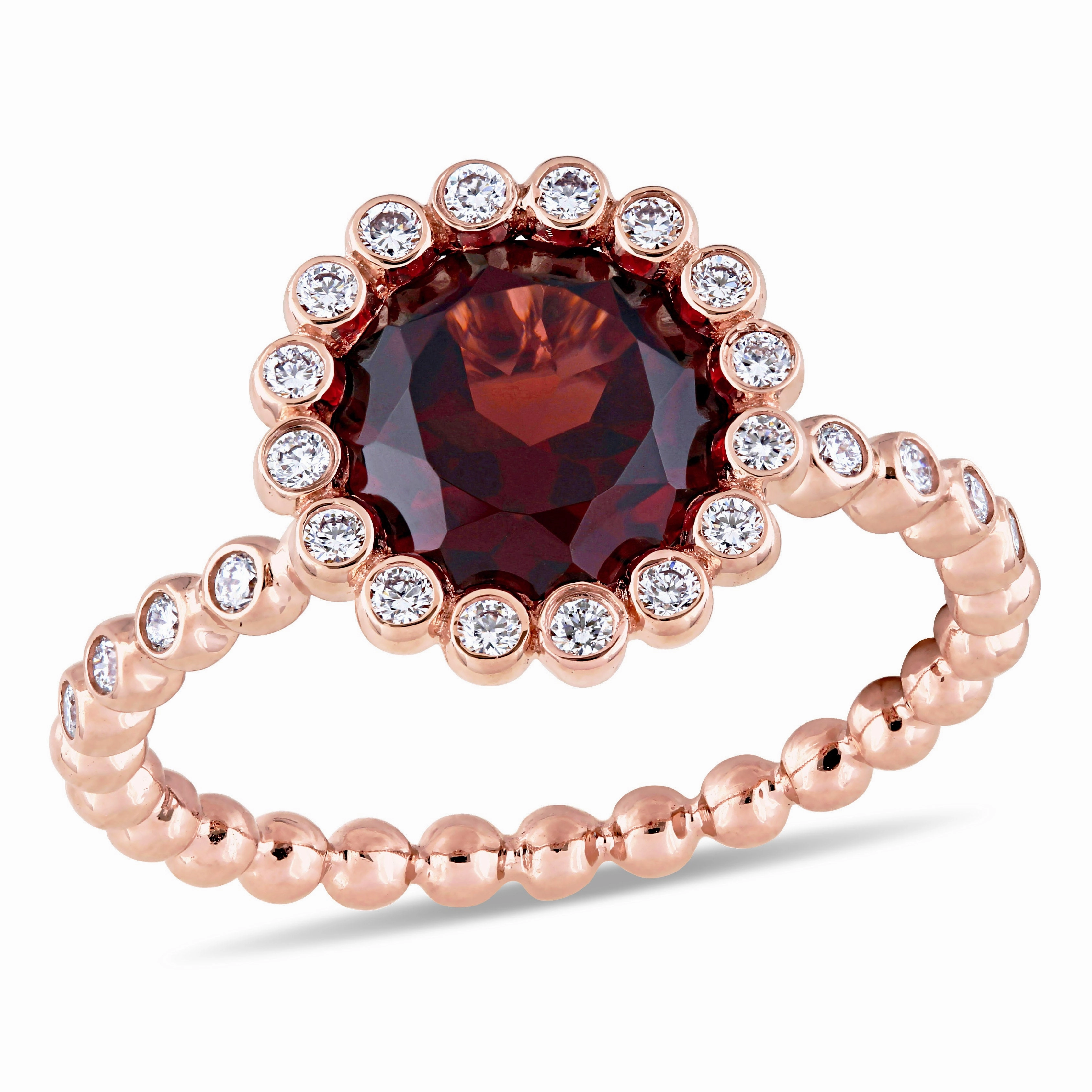 Garnet & Diamond Halo Scalloped Ring in 14k Rose Gold