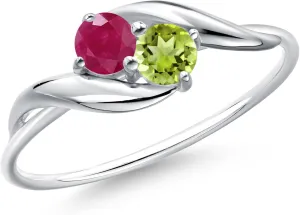 Gem Stone King 10K White Gold Round Red Ruby and Green Peridot Ring For Women (0.46 Cttw, Round 3.5MM, Gemstone July Birthstone, Available in Size 5,6,7,8,9)