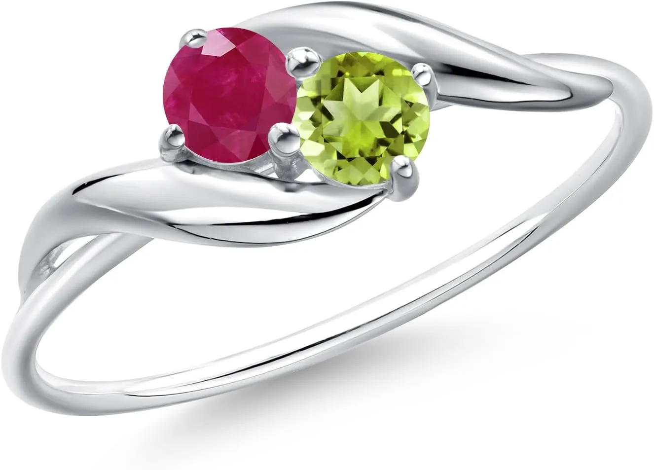 Gem Stone King 10K White Gold Round Red Ruby and Green Peridot Ring For Women (0.46 Cttw, Round 3.5MM, Gemstone July Birthstone, Available in Size 5,6,7,8,9)