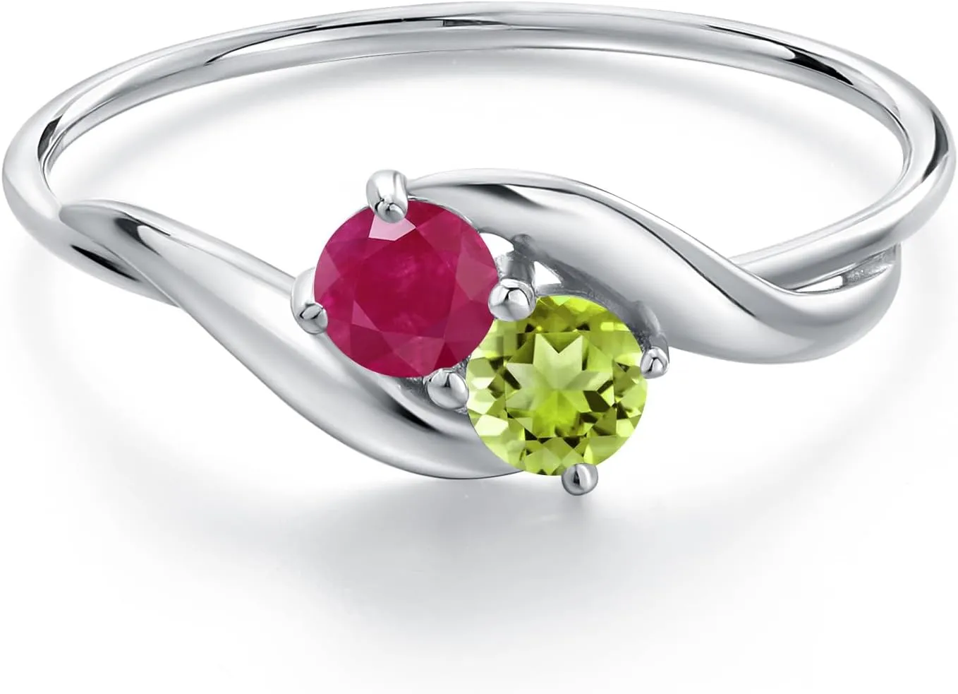 Gem Stone King 10K White Gold Round Red Ruby and Green Peridot Ring For Women (0.46 Cttw, Round 3.5MM, Gemstone July Birthstone, Available in Size 5,6,7,8,9)