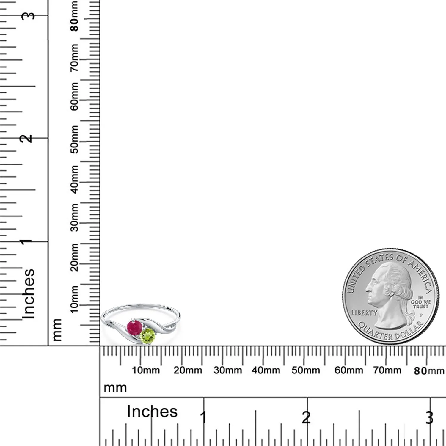 Gem Stone King 10K White Gold Round Red Ruby and Green Peridot Ring For Women (0.46 Cttw, Round 3.5MM, Gemstone July Birthstone, Available in Size 5,6,7,8,9)