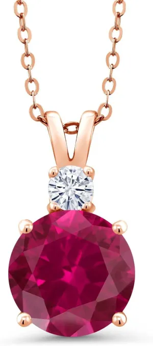 Gem Stone King 18K Rose Gold Plated Silver Red Created Ruby and White Moissanite Pendant Necklace For Women (4.16 Cttw, Round 10MM, With 18 Inch Chain)