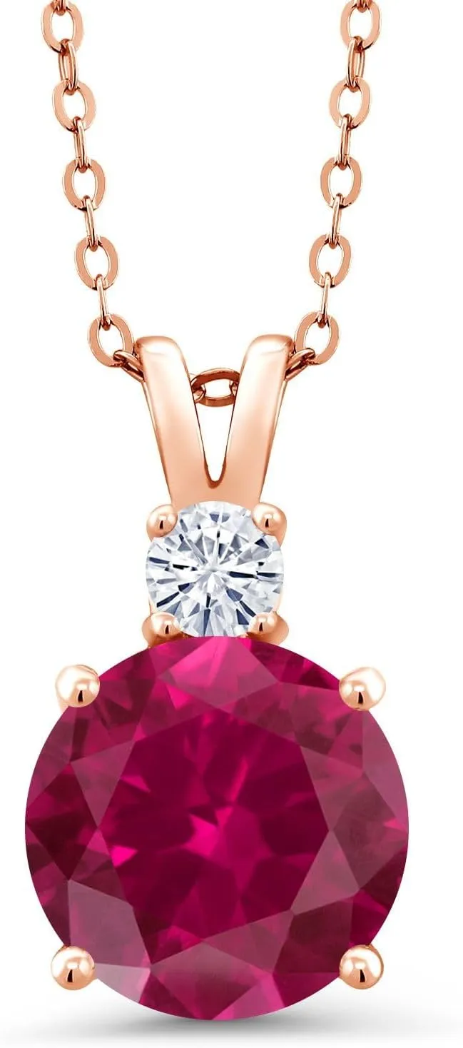 Gem Stone King 18K Rose Gold Plated Silver Red Created Ruby and White Moissanite Pendant Necklace For Women (4.16 Cttw, Round 10MM, With 18 Inch Chain)