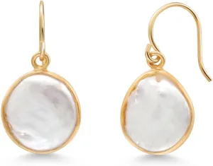 Gem Stone King 18K Yellow Gold Plated 12MM Cultured Freshwater Pearl French Wire Dangle Hook Earrings For Women