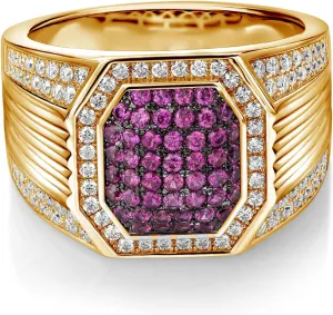 Gem Stone King Men's 18K Yellow Gold Plated Silver Red Created Ruby and White Moissanite Ring (1.68 Cttw, Available In Size 9, 10, 11, 12, 13)