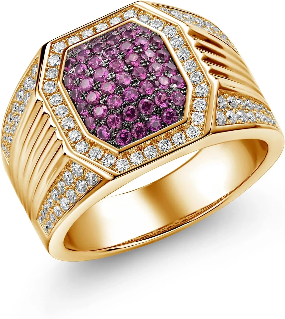 Gem Stone King Men's 18K Yellow Gold Plated Silver Red Created Ruby and White Moissanite Ring (1.68 Cttw, Available In Size 9, 10, 11, 12, 13)