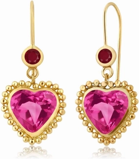 Gem Stone King 14K Yellow Gold Pink Created Sapphire and Red Ruby Earrings For Women (5.14 Cttw, Heart Shape 8MM, Dangle Earrings)