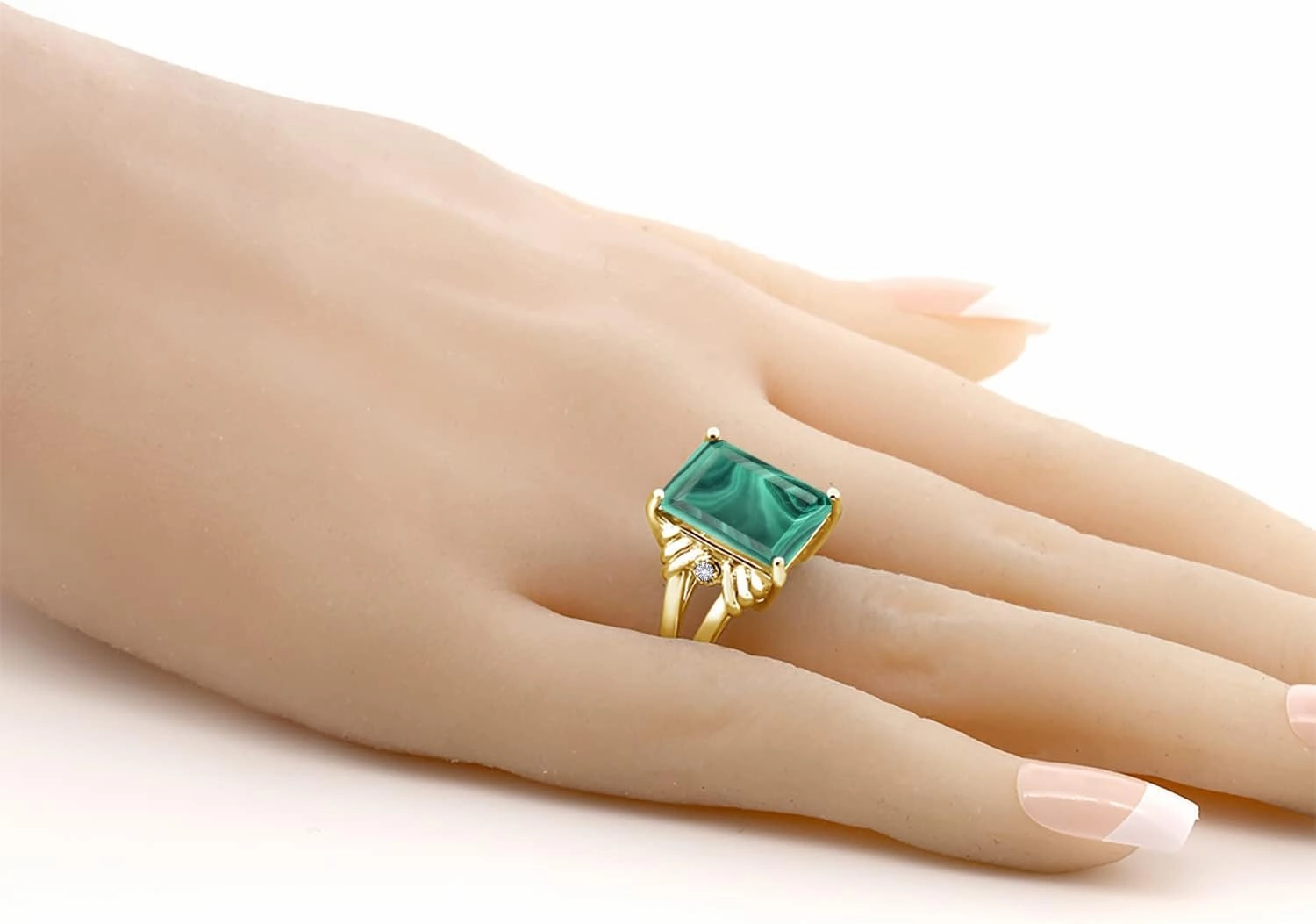 Gem Stone King 18K Yellow Gold Plated Silver Green Malachite and White Created Sapphire Engagement Ring For Women (10.03 Cttw, Gemstone Birthstone, Emerald Cut 14X10MM, Available in Size 5,6,7,8,9)