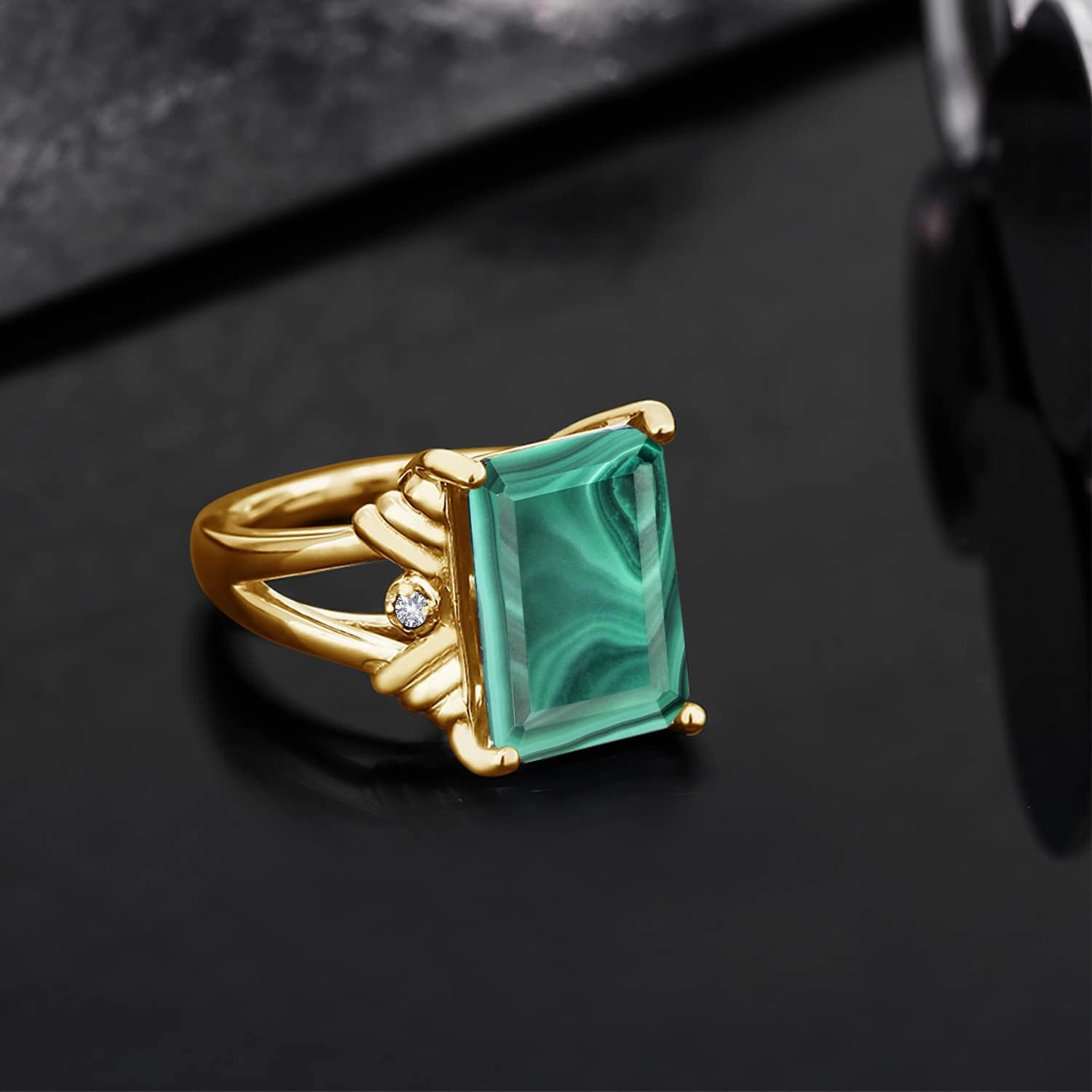 Gem Stone King 18K Yellow Gold Plated Silver Green Malachite and White Created Sapphire Engagement Ring For Women (10.03 Cttw, Gemstone Birthstone, Emerald Cut 14X10MM, Available in Size 5,6,7,8,9)