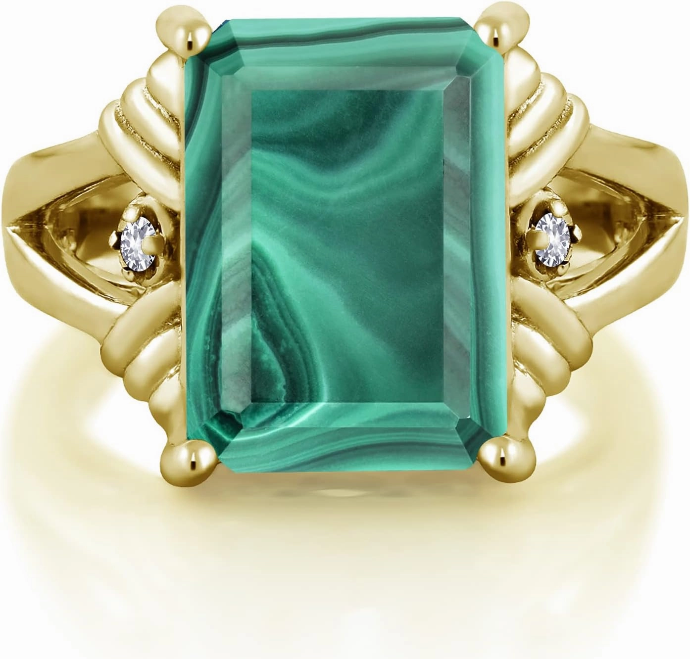 Gem Stone King 18K Yellow Gold Plated Silver Green Malachite and White Created Sapphire Engagement Ring For Women (10.03 Cttw, Gemstone Birthstone, Emerald Cut 14X10MM, Available in Size 5,6,7,8,9)