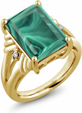 Gem Stone King 18K Yellow Gold Plated Silver Green Malachite and White Created Sapphire Engagement Ring For Women (10.03 Cttw, Gemstone Birthstone, Emerald Cut 14X10MM, Available in Size 5,6,7,8,9)
