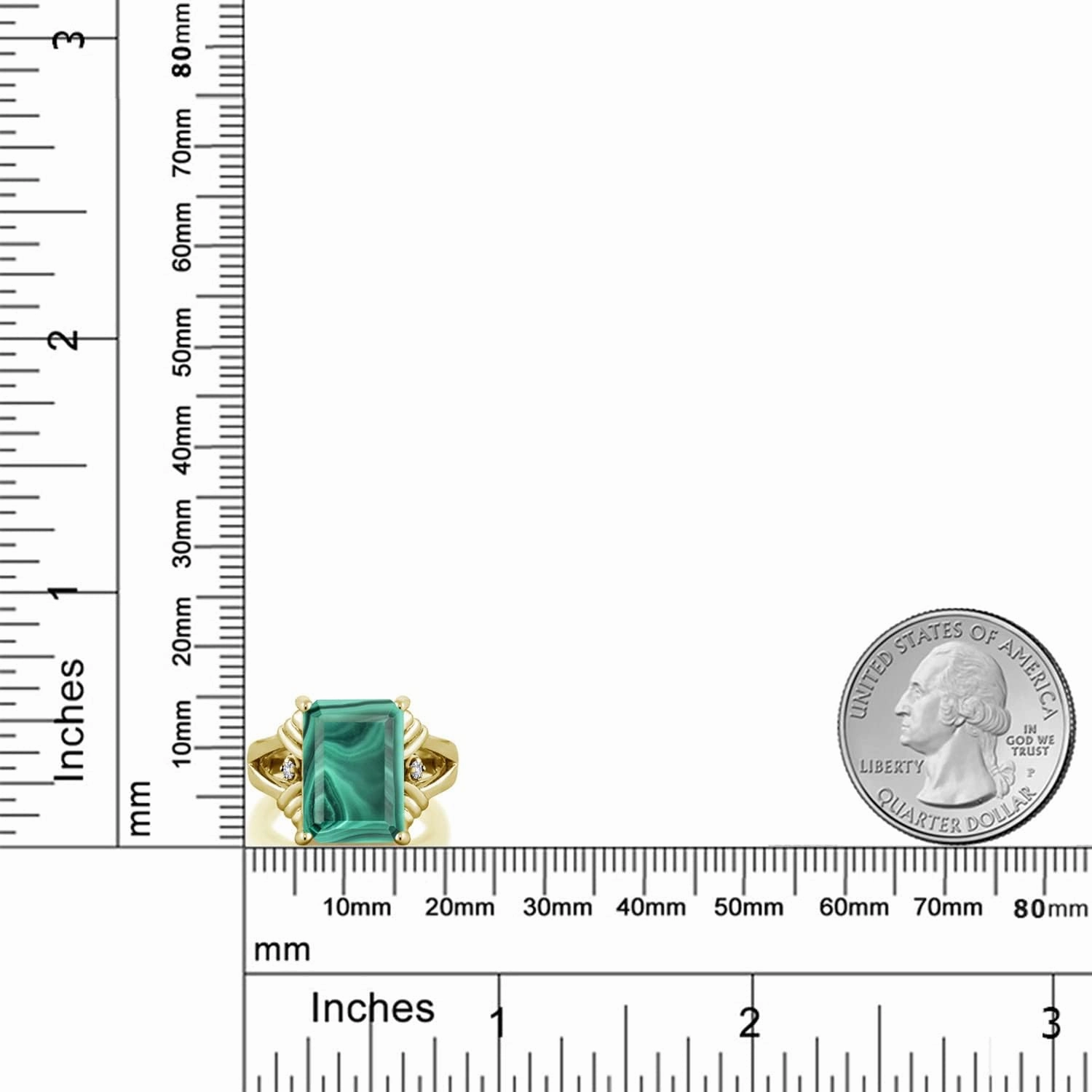 Gem Stone King 18K Yellow Gold Plated Silver Green Malachite and White Created Sapphire Engagement Ring For Women (10.03 Cttw, Gemstone Birthstone, Emerald Cut 14X10MM, Available in Size 5,6,7,8,9)
