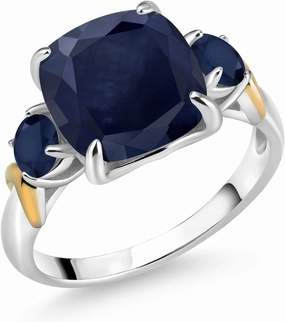 Gem Stone King 925 Silver and 10K Yellow Gold Blue Sapphire 3 Stone Ring For Women (5.30 Cttw, Gemstone September Birthstone, Cushion 10MM, Round 4MM, Available In Size 5, 6, 7, 8, 9)