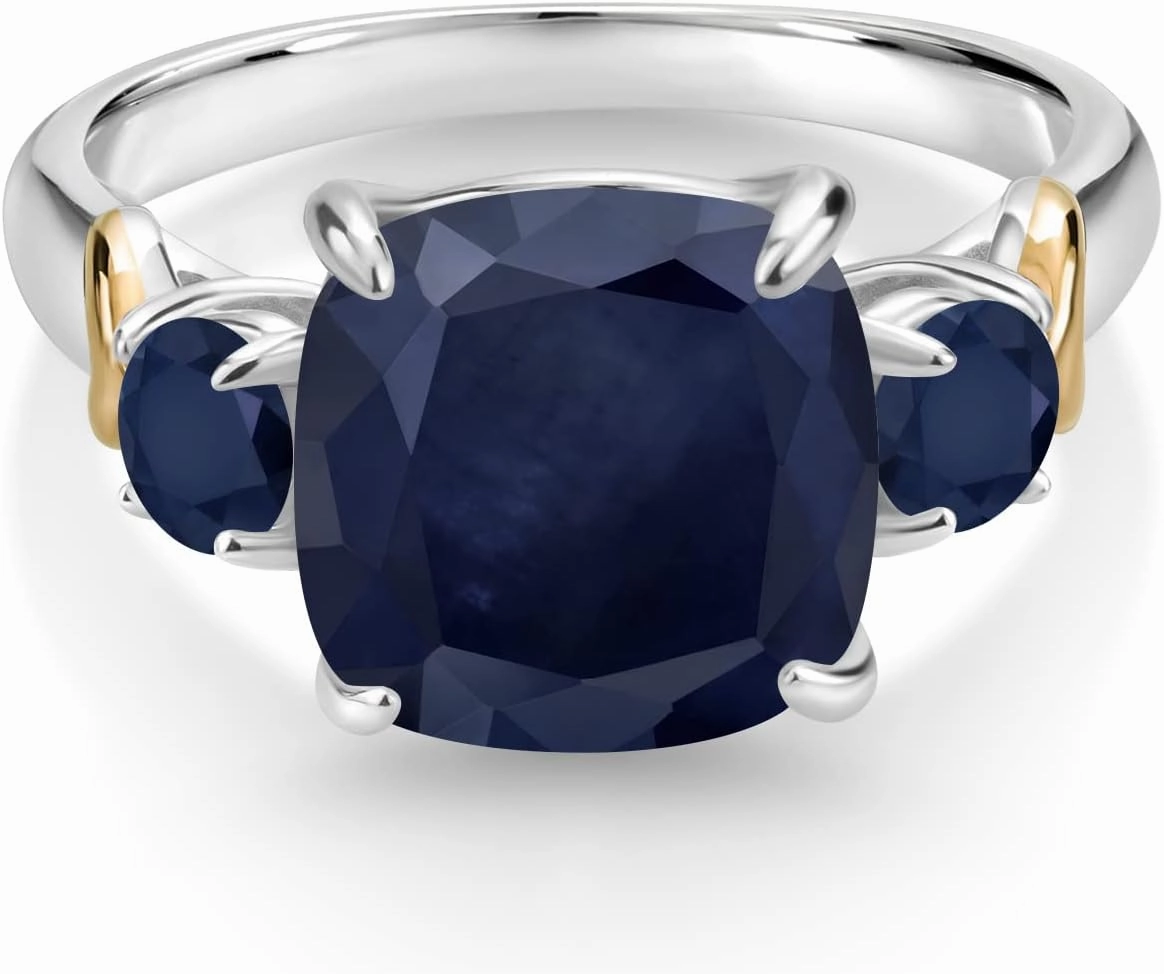 Gem Stone King 925 Silver and 10K Yellow Gold Blue Sapphire 3 Stone Ring For Women (5.30 Cttw, Gemstone September Birthstone, Cushion 10MM, Round 4MM, Available In Size 5, 6, 7, 8, 9)