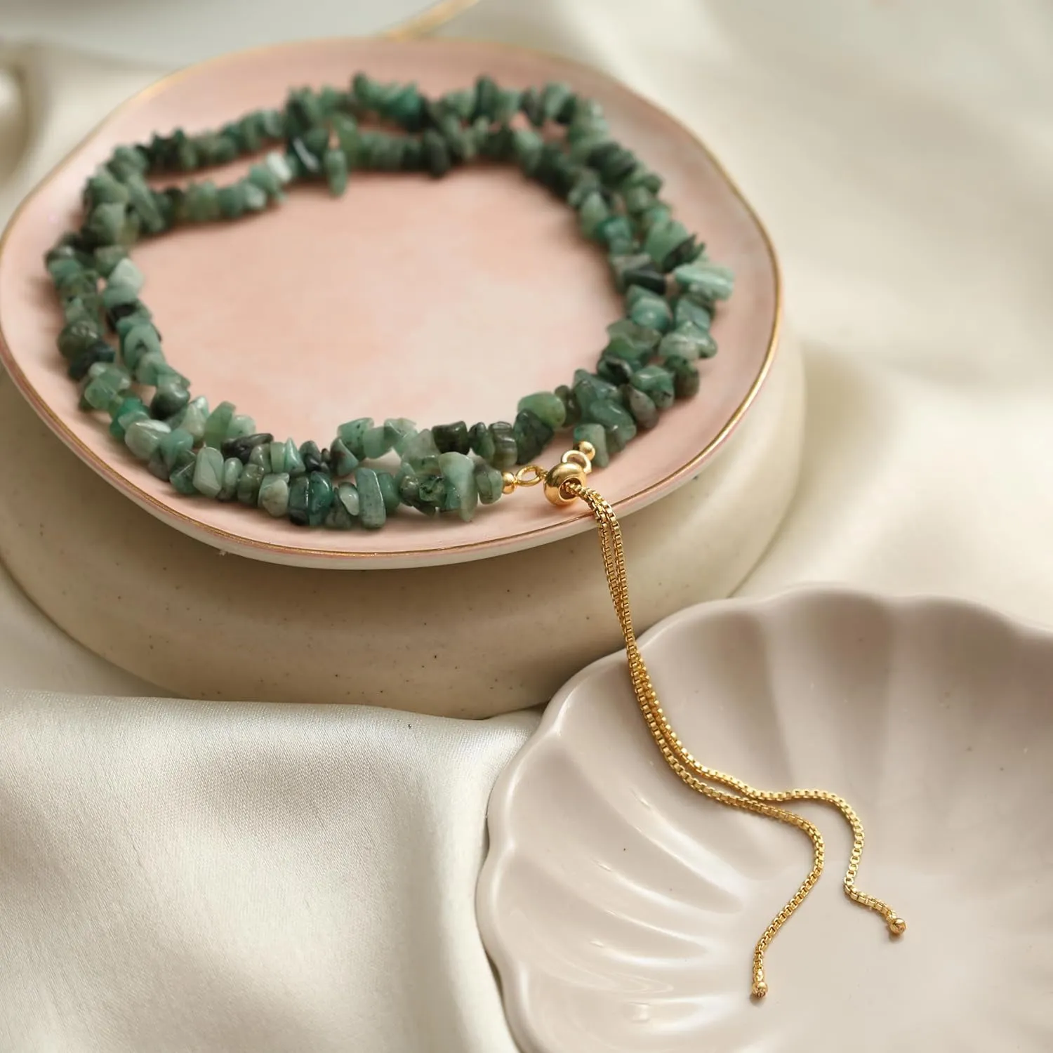 Gempires Green Emerald Crystal Beaded Necklace May Birthstone Gemstone Jewelry Hypoallergenic 24 Inch Gold Plated Handmade Slider Necklaces For Women.