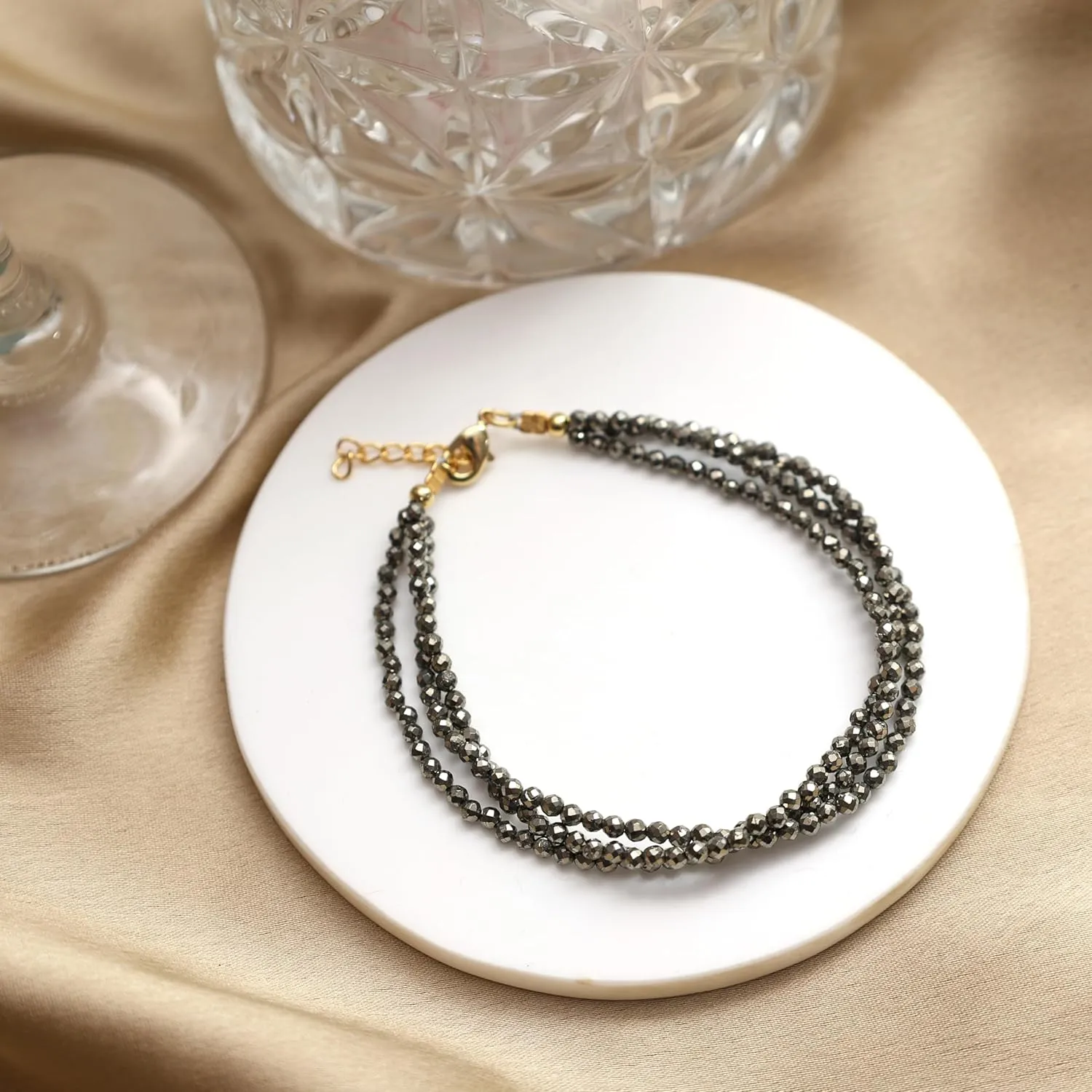 Gempires Handmade Pyrite Beaded Bracelet Multi Strand Gemstone Jewelry Hypoallergenic 8 Inch Gold Plated Stylish Western Jewelry For Women