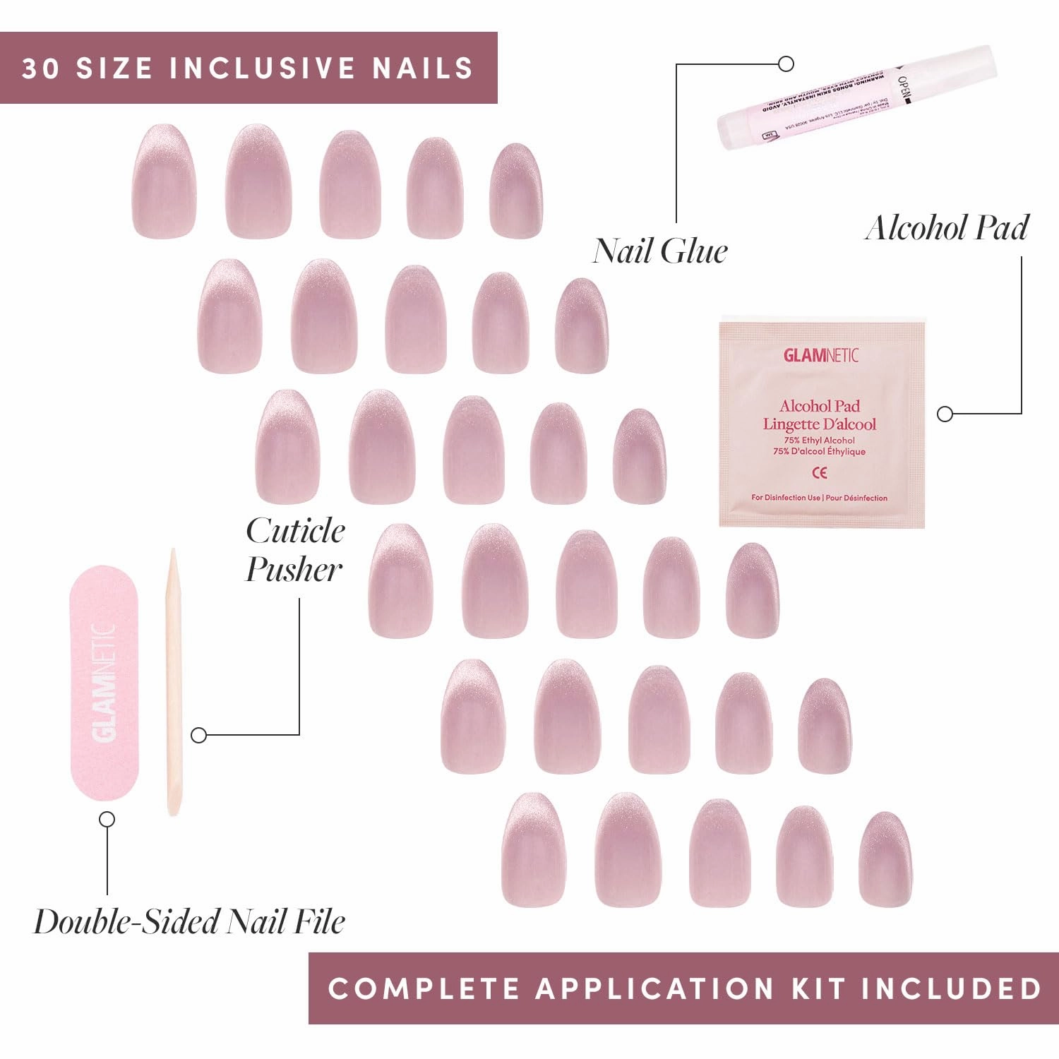 Glamnetic Press On Nails - Fairy Dust | Short Oval Beige-Pink Nails with a Mesmerizing Metallic Finish | 15 Sizes - 30 Nail Kit with Glue