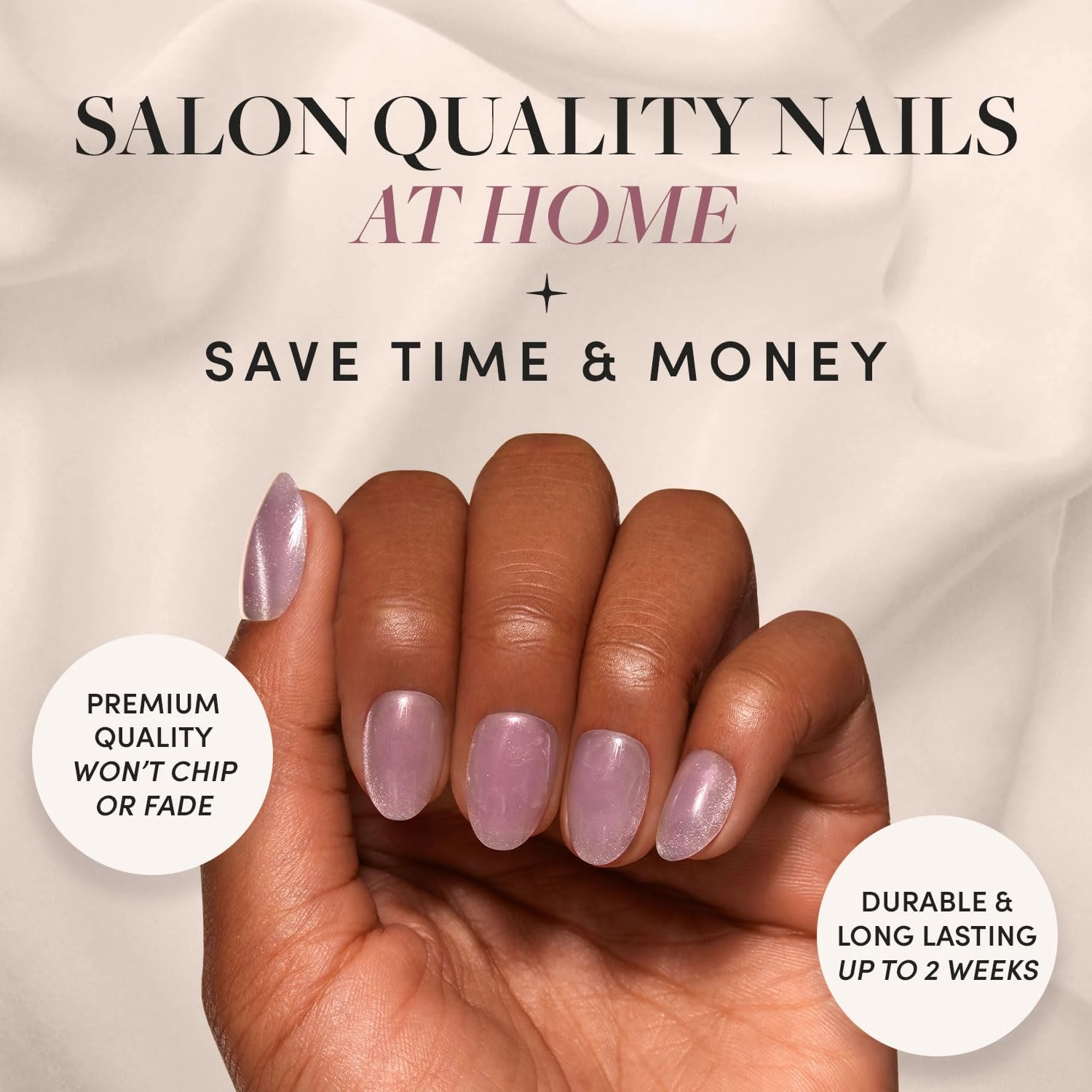 Glamnetic Press On Nails - Fairy Dust | Short Oval Beige-Pink Nails with a Mesmerizing Metallic Finish | 15 Sizes - 30 Nail Kit with Glue