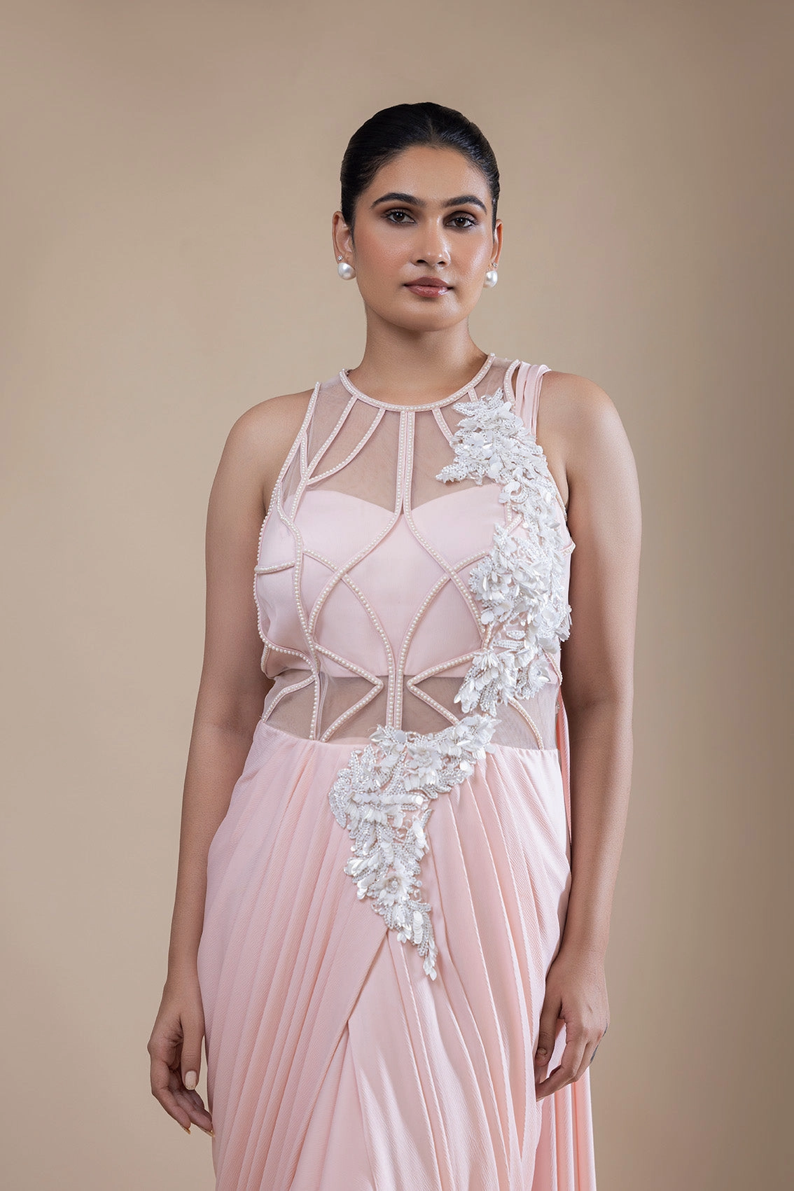 Gleaming Peach Drape Saree