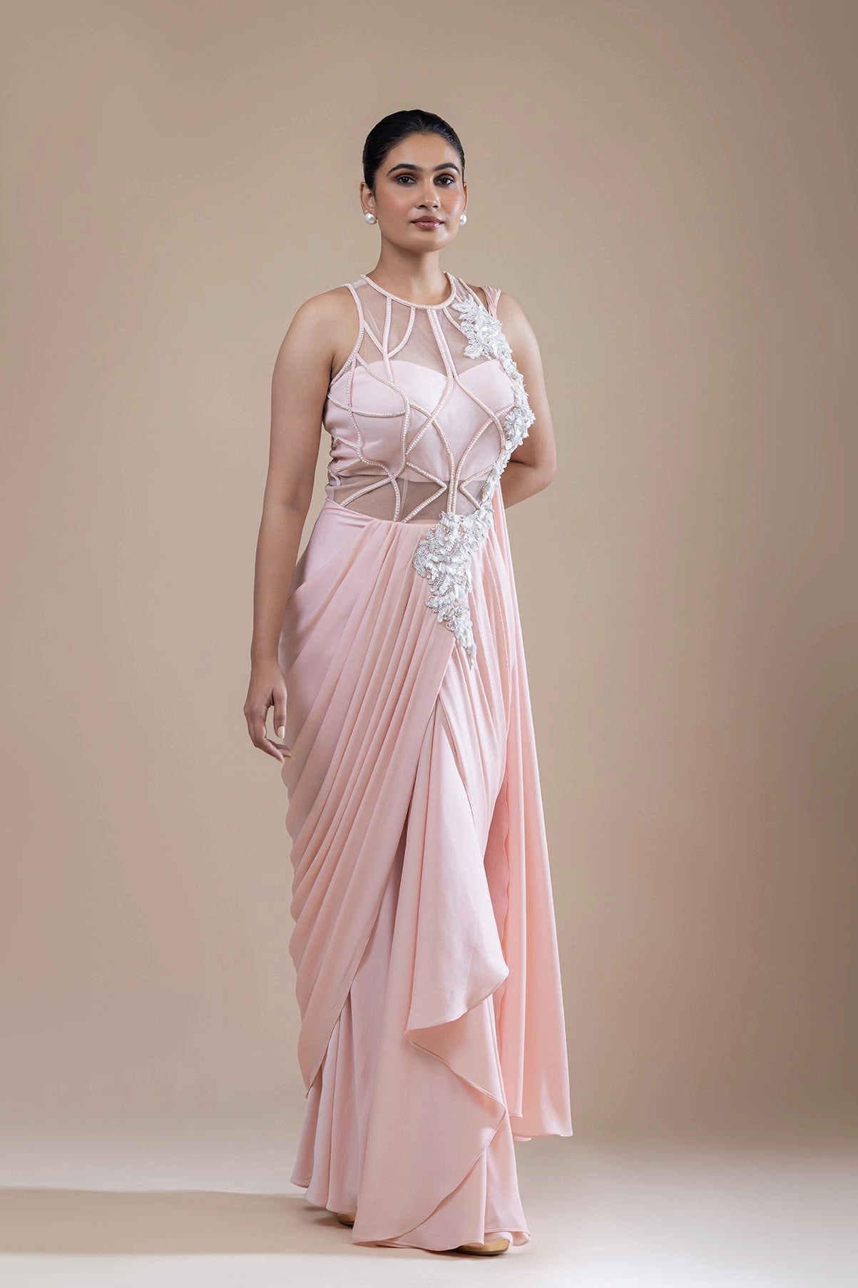 Gleaming Peach Drape Saree