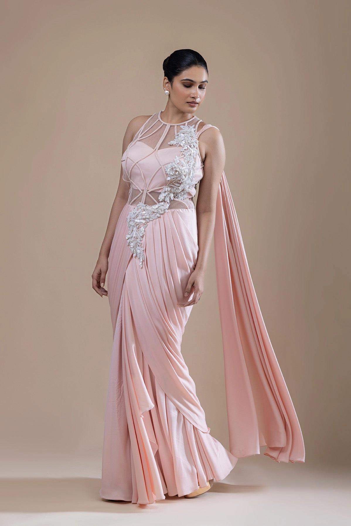 Gleaming Peach Drape Saree