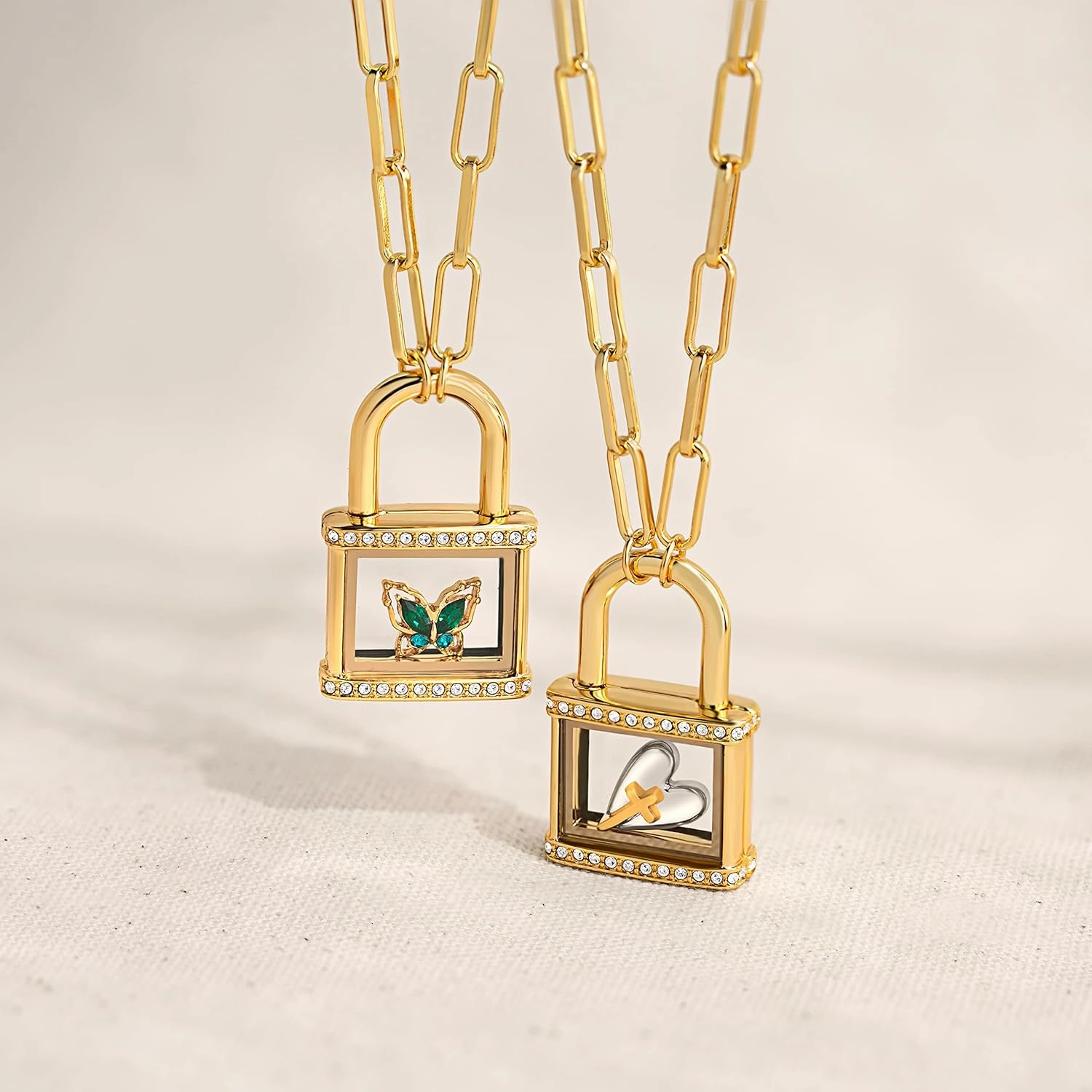 Gold Padlock Faith & Butterfly Living Locket Sets w/Crystals