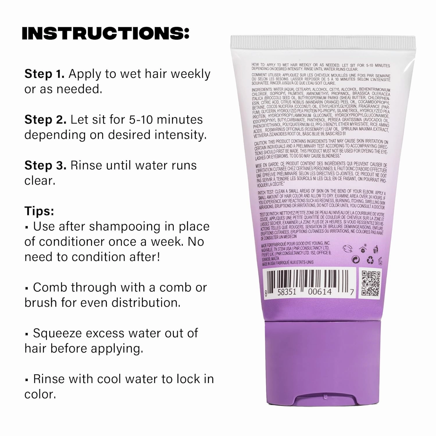 Good Dye Young Color Depositing Mask, DYEposit Color Depositing Conditioner, Toning Treatment, Tone & Enhance Color-Treated Hair - Semi Permanent Hair Dye, Vegan and Cruelty-Free (Purple) 4 fl oz