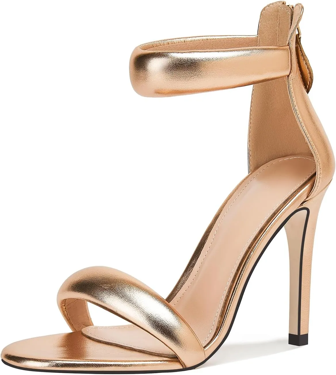 GOSERCE Gold Stiletto Heels Sandals, Metallic Ankle Strap High Heels for Women, Back Zipper Round Open Toe Prom Party Sexy Heeled Sandals