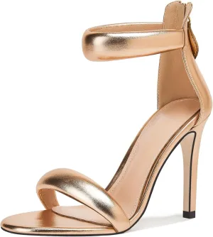 GOSERCE Gold Stiletto Heels Sandals, Metallic Ankle Strap High Heels for Women, Back Zipper Round Open Toe Prom Party Sexy Heeled Sandals