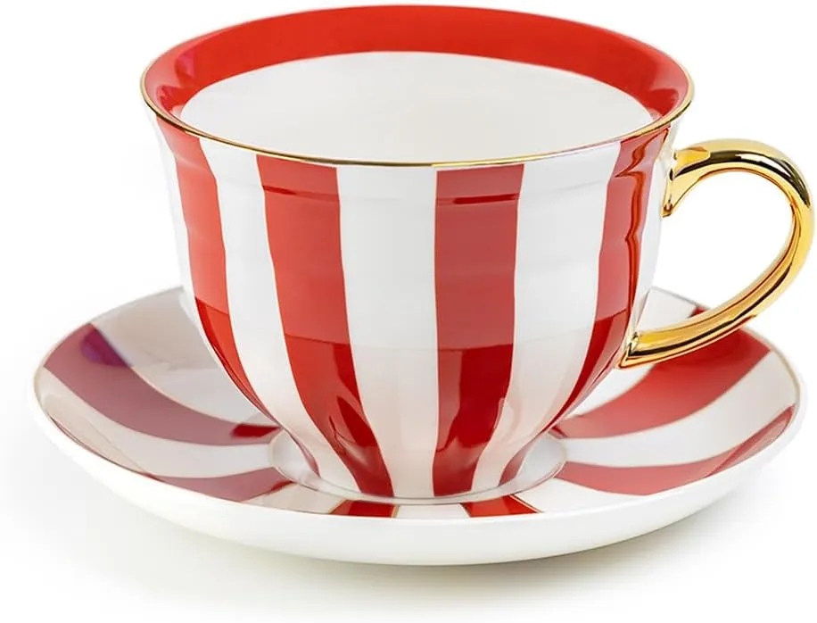 Grace Teaware Red Carousel Stripes Fine Porcelain 10oz Tea Coffee Cup and Saucer with Gold Handle