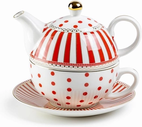 Grace Teaware Red Josephine Stripes and Dots Fine Porcelain Tea For One Set