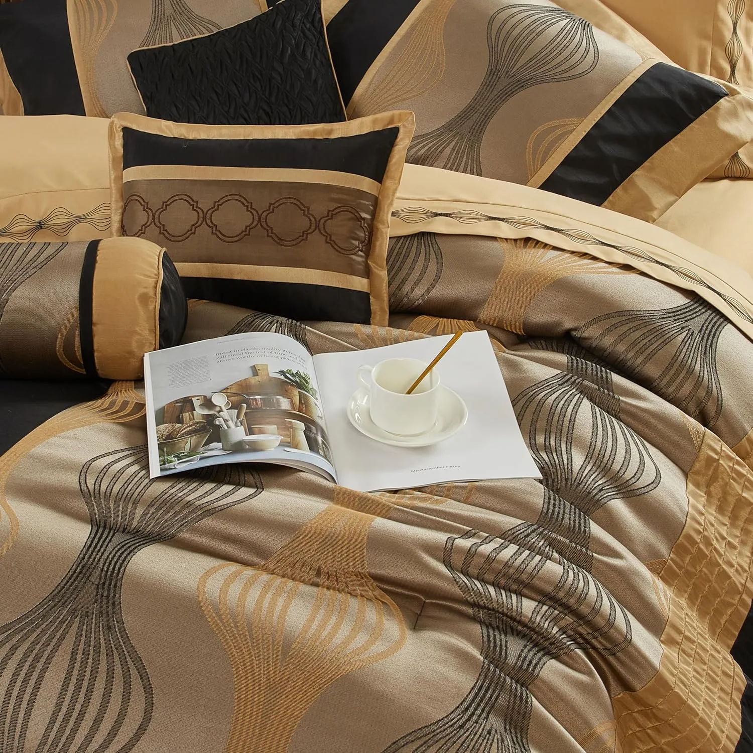 Grand Avenue Elegant Black and Gold Comforter Set King Size, Striped, 7 Pieces Jacquard Bedding Sets All Season with Comforter, Bed Skirt, Pillows & Shams, Lightweight Microfiber