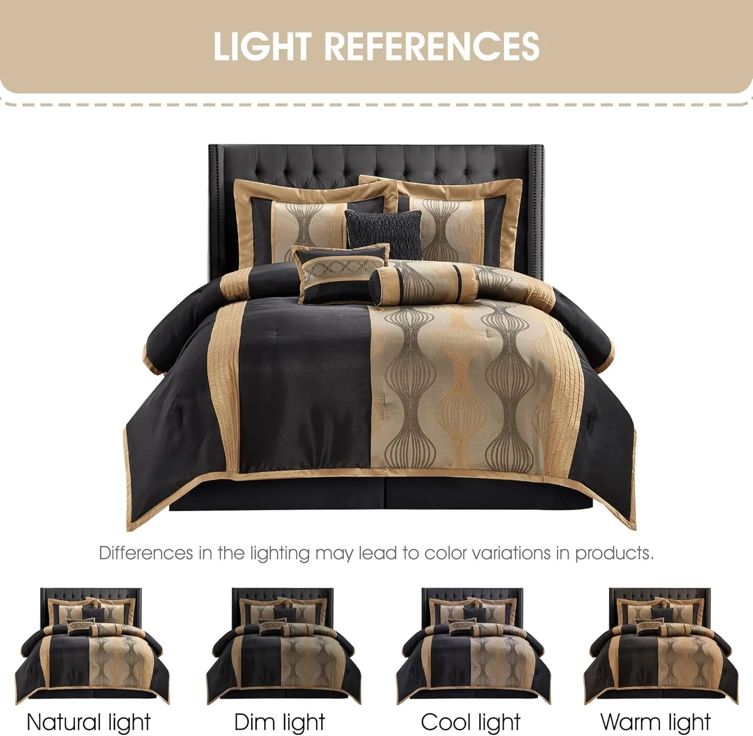 Grand Avenue Elegant Black and Gold Comforter Set King Size, Striped, 7 Pieces Jacquard Bedding Sets All Season with Comforter, Bed Skirt, Pillows & Shams, Lightweight Microfiber