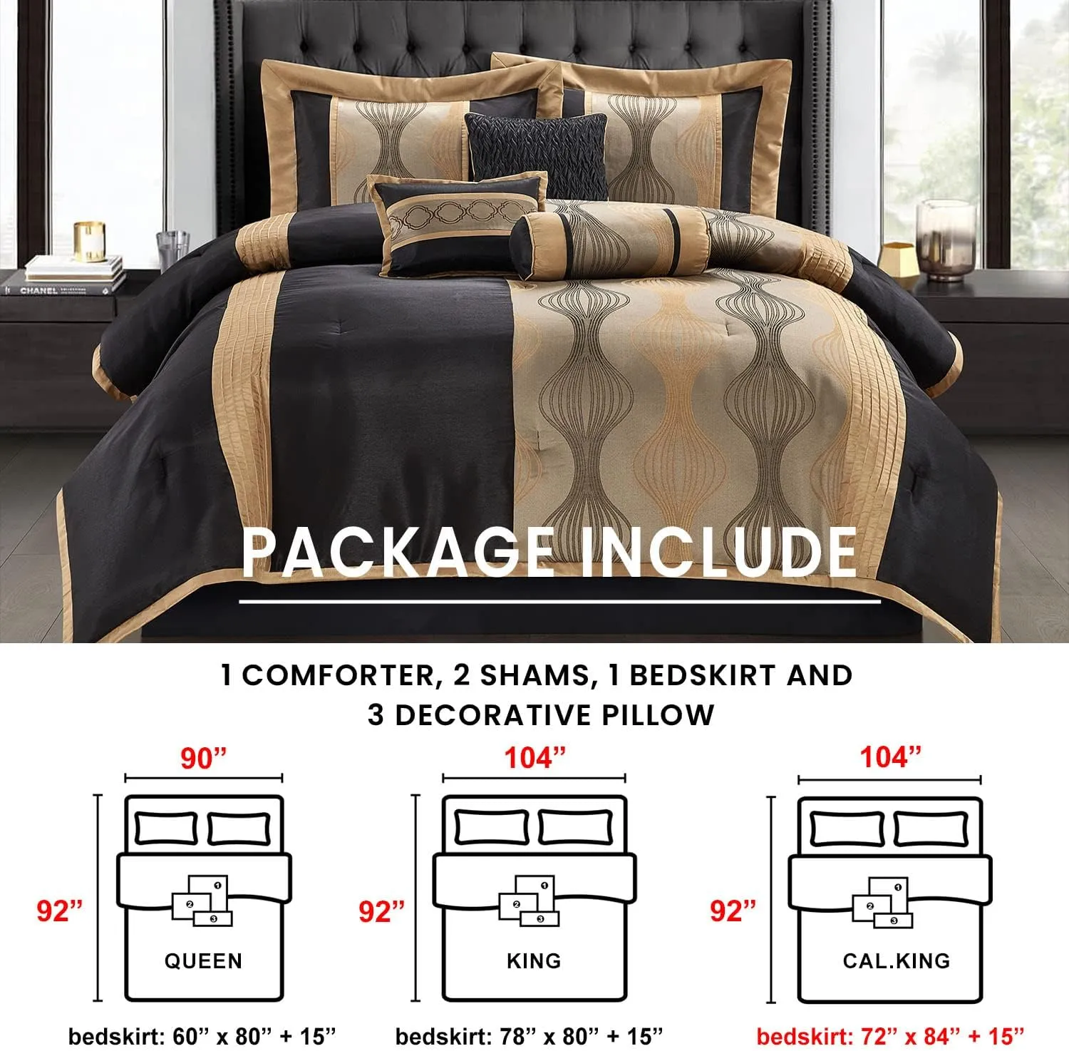Grand Avenue Elegant Black and Gold Comforter Set King Size, Striped, 7 Pieces Jacquard Bedding Sets All Season with Comforter, Bed Skirt, Pillows & Shams, Lightweight Microfiber