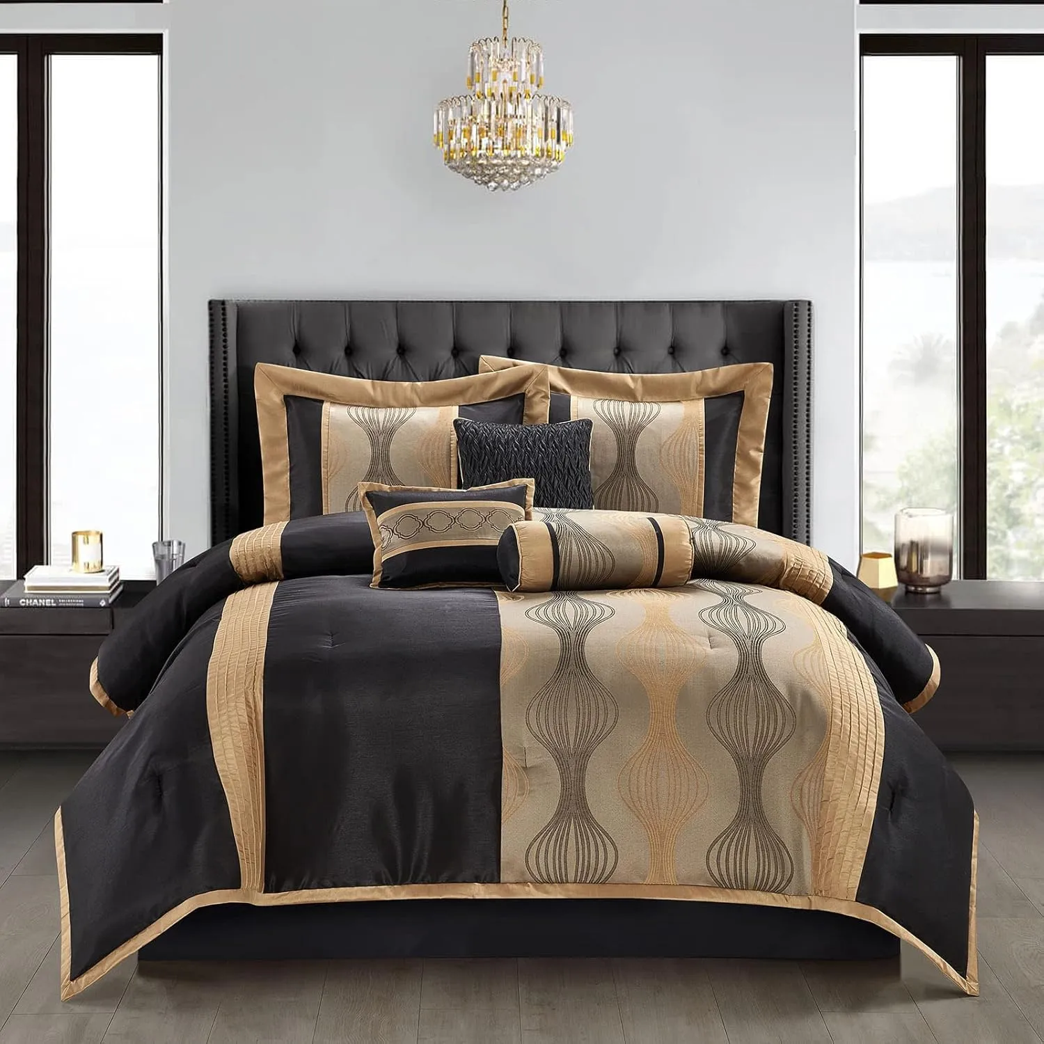 Grand Avenue Elegant Black and Gold Comforter Set King Size, Striped, 7 Pieces Jacquard Bedding Sets All Season with Comforter, Bed Skirt, Pillows & Shams, Lightweight Microfiber